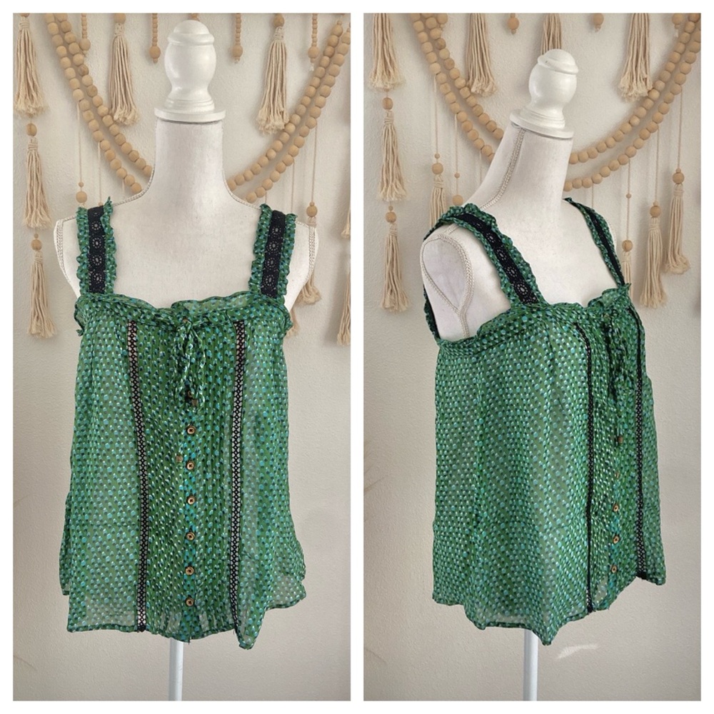 Anthropologie chiffon tank top blouse green black sheer button down crochet 6